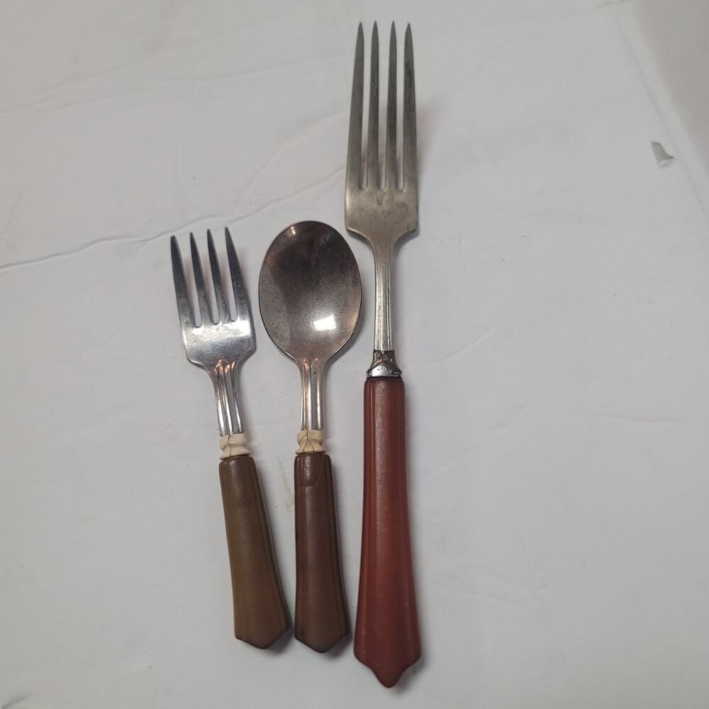 Set of 3 Bakelite Butterscotch Brown Handled Fork and child set Stainless Steel
